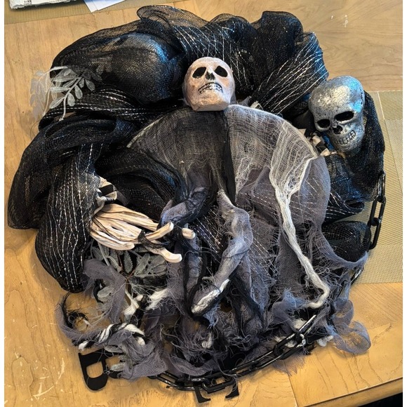 Halloween with Skulls and Chains Handmade Custom Wreath Black Ghouls - Picture 1 of 6